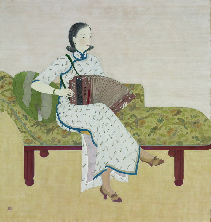 陳進  | 手風琴 膠彩、絹, 1935 180 x 170 公分 ©臺北市立美術館, 臺北市立美術館收藏 的圖說