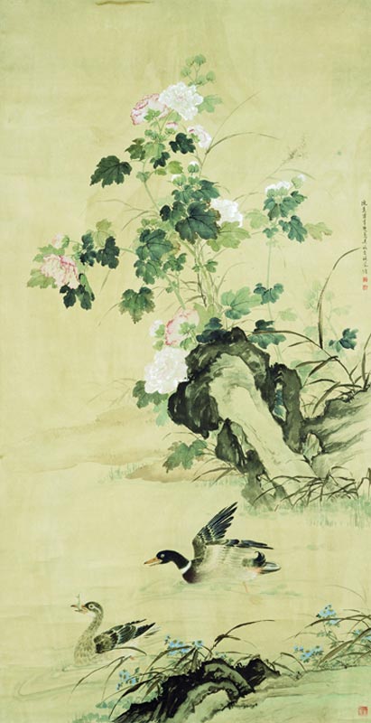 吳詠香  | 蓉塘雙鳧 彩墨、紙, 1966 186 × 95.5 公分  台北市立美術館收藏 的圖說