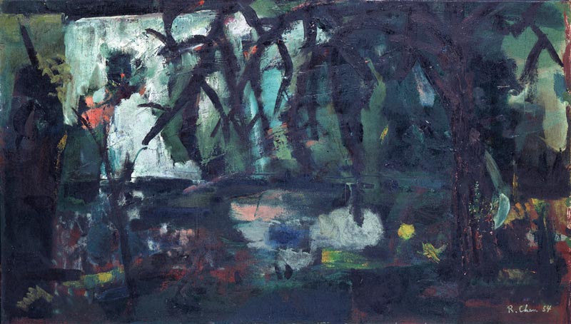 陳正雄  | 池畔 油彩、畫布, 1952-54 52 × 91 cm 的圖說