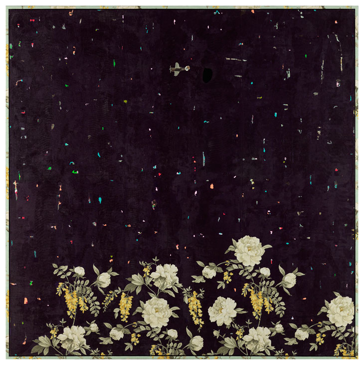 齊簡  | 穿越後花園系列：雨跡 油彩、丙烯、花布, 2015 180x180 cm 的圖說