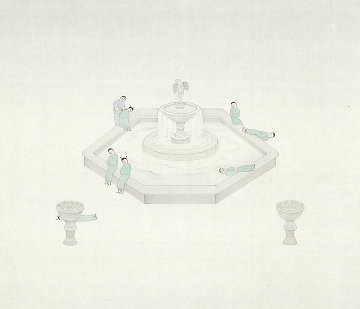 簡翊洪  | 《噴泉》 絹本、水墨設色, 2016 40×50公分 的圖說