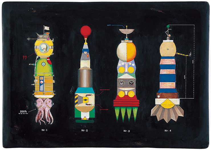 李子勳  | 四種不同物飛行物體的想像 壓克力顏料、木板, 1998 31 x 43 x 0.3 cm  財團法人國巨文教基金會收藏 的圖說
