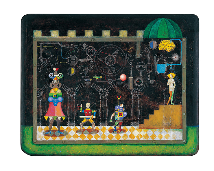 李子勳  | 宮殿內的戰爭 壓克力顏料、木板, 1998 49 x 62.5 x 0.4 cm  私人收藏 的圖說