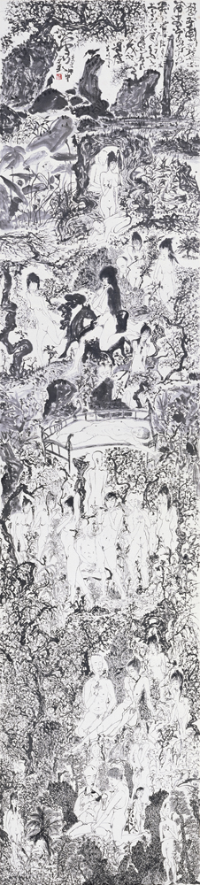 于彭  | 慾望山水之二 彩墨、紙, 2004 233 x 52.5 cm  臺北市立美術館藏 的圖說
