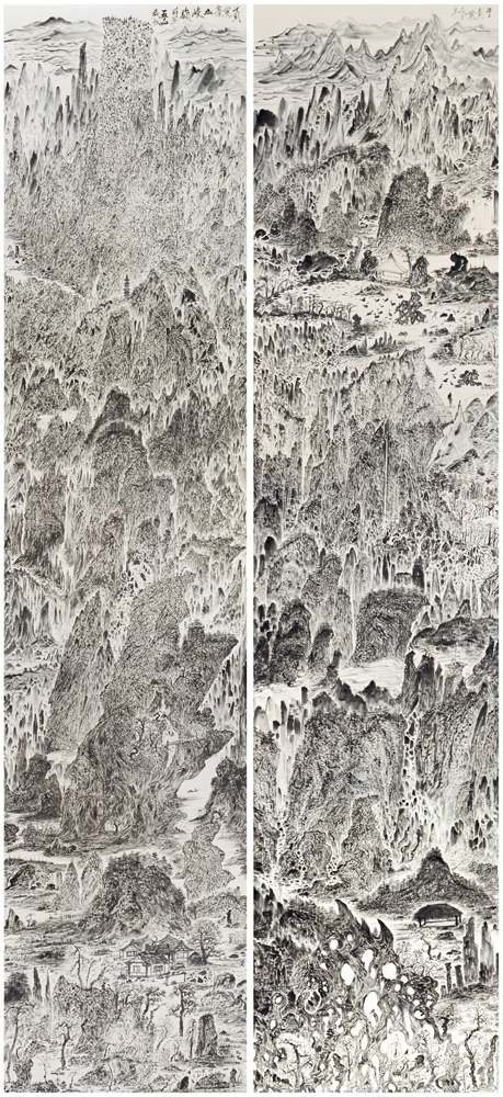 Yu Peng  | Meditation Within the Void Ink on paper, 2008 233 x 53 cm ( x2 )  Collection of Taipei Fine Arts Museum 的圖說