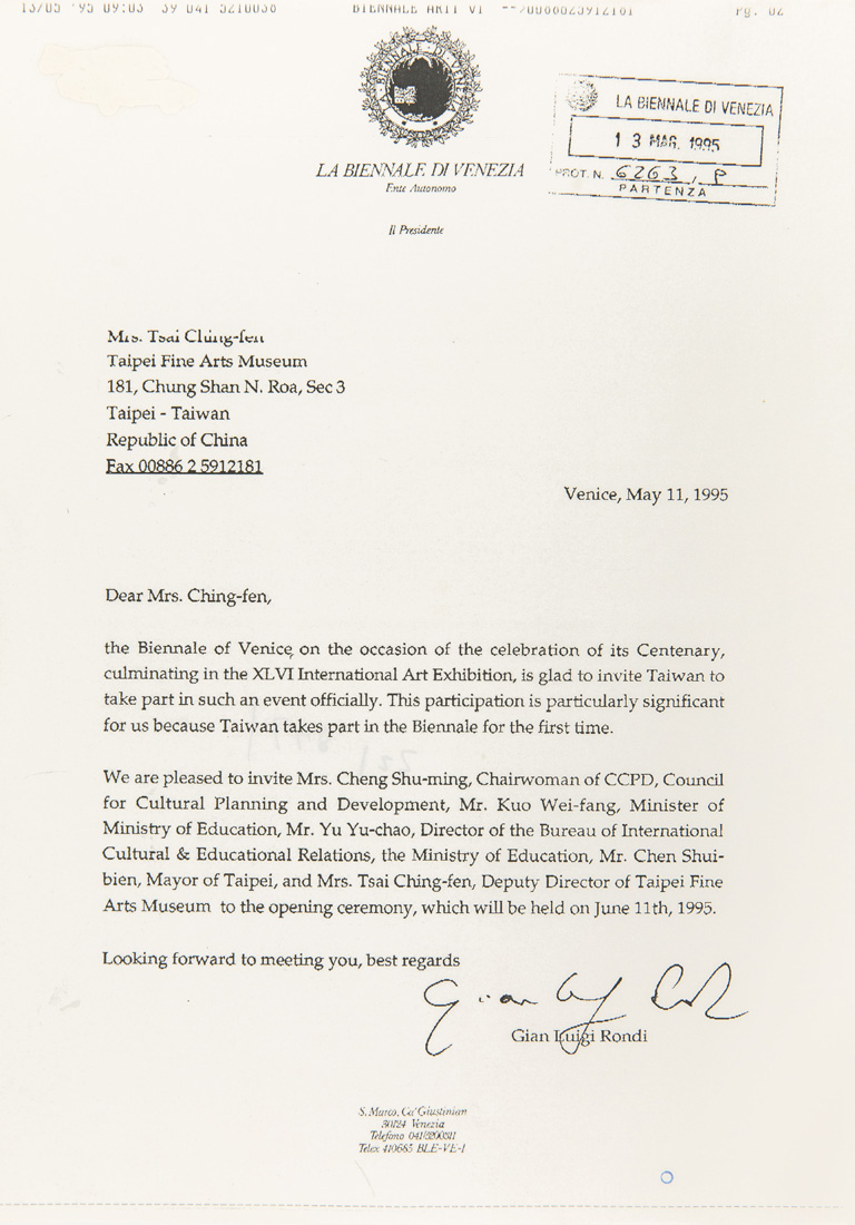 Letter from the organizer of the Venice Biennale inviting Taiwan to participate in the 46th Venice Biennale in 1995 的圖說