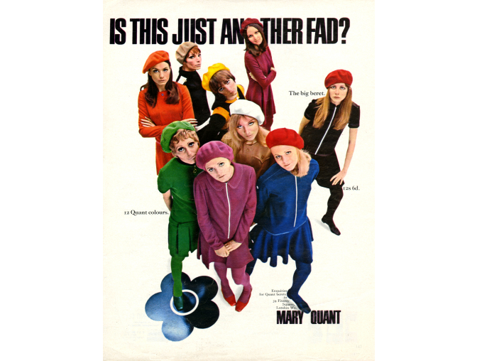 瑪莉官所設計坎戈爾貝雷帽的廣告  1967   Image courtesy of The Advertising Archives 的圖說