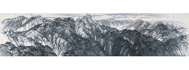 台灣山海屏風-能高大觀，1930  | 鄉原古統   水墨、紙，173×62cm×12pcs 的圖說